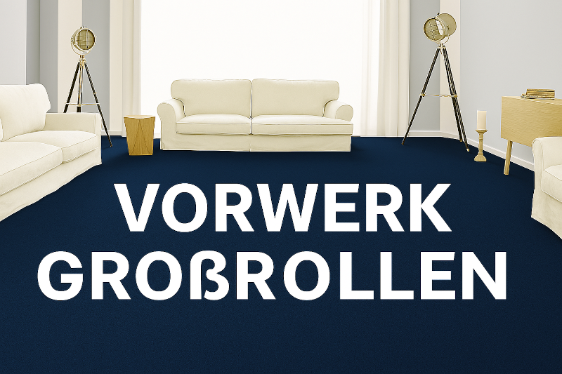 „Vorwerk Großrollen Teppichboden – modernes Wohnzimmer mit dunkelblauem Velours, weißen Sofas und stilvoller Einrichtung“